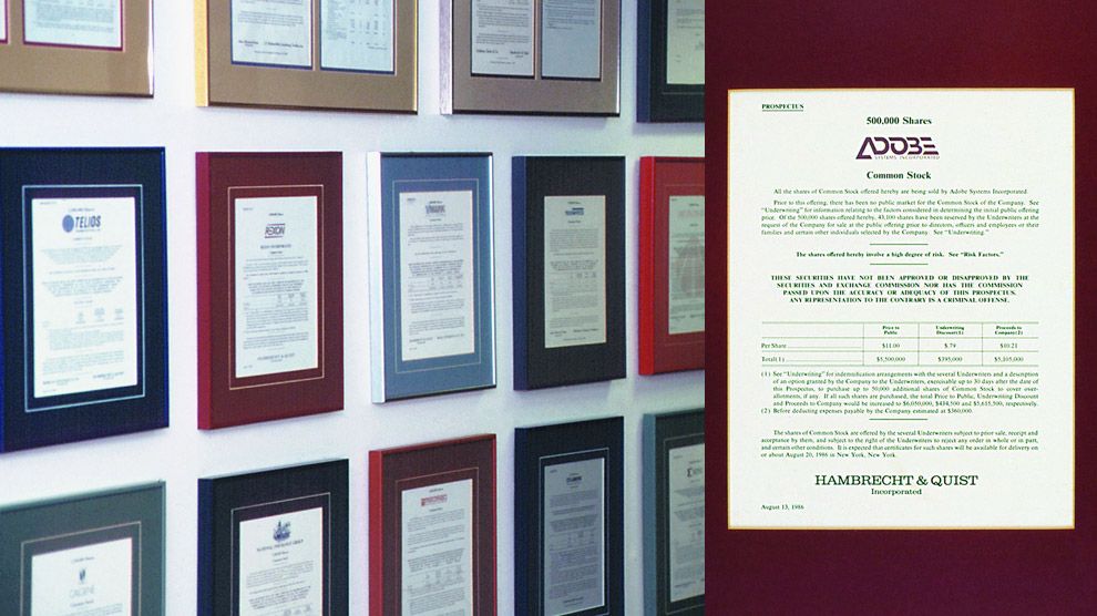Wall of framed stock purchase letters for various companies